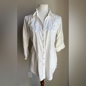 Cabi 100% Linen Button Down Shirt Blouse Roll Tab Sleeves Ruched In White Size S